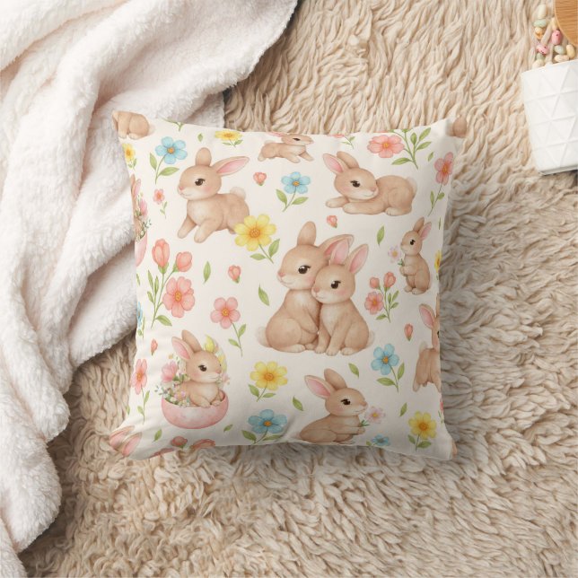 Cute Watercolor Bunny & Spring Flowers Pattern Throw Pillow (Blanket)