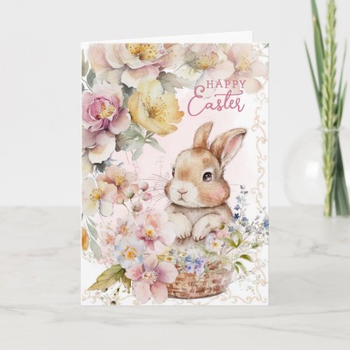 Cute Watercolor Bunny  Spring Flowers  Photo  Card