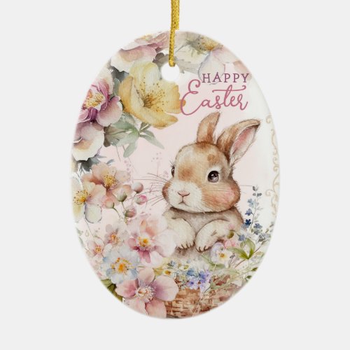 Cute Watercolor Bunny  Spring Flowers  Photo Cer Ceramic Ornament