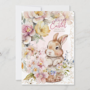Cute Watercolor Bunny Spring Flowers Photo Holiday Card