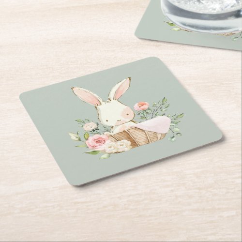 Cute Watercolor Bunny Square Paper Coaster