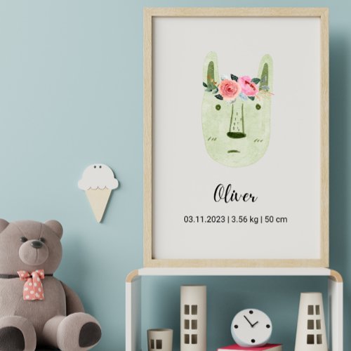 Cute Watercolor Bunny wFlowers  Boho Nursery Poster