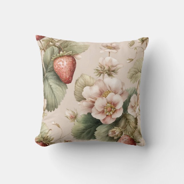 Cute Watercolor Bunny with Strawberries Throw Pillow (Front)