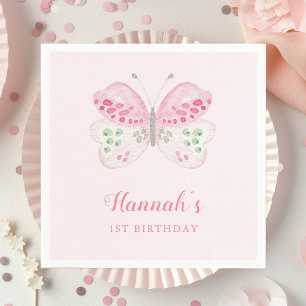 Cute Watercolor Butterfly 1st Birthday Party Pink Napkins