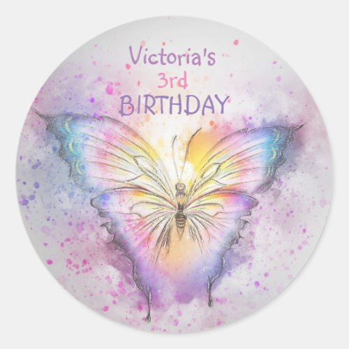 Cute Watercolor Butterfly Birthday Girl Favor Classic Round Sticker
