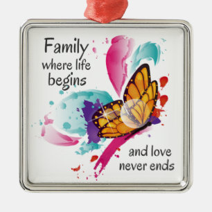 Cute Watercolor Butterfly Family Life Quote Metal Ornament