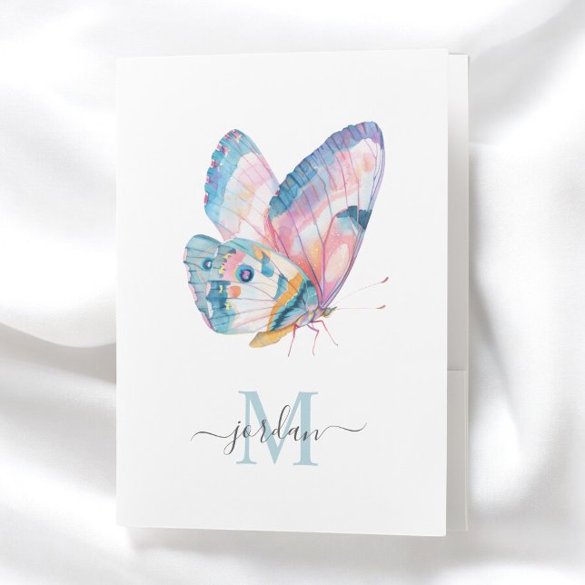 Cute Watercolor Butterfly with Your Monogram Pocket Folder (Personalize these pocket folders with your name and monogram initial.)