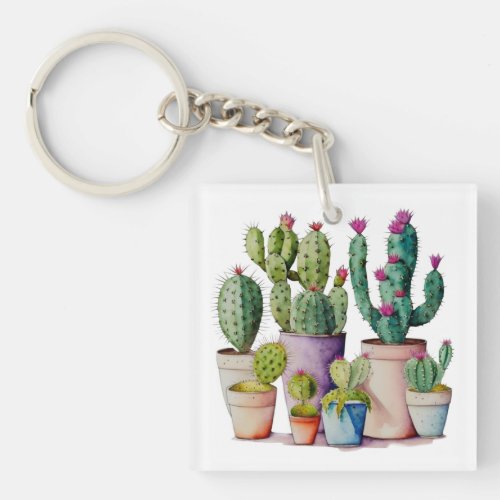 Cute watercolor cacti cactus succulents in pots keychain