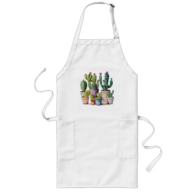 Cute watercolor cacti cactus succulents in pots long apron (Front)