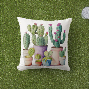 Cute watercolor cacti cactus succulents in pots outdoor pillow