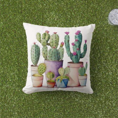 Cute watercolor cacti cactus succulents in pots outdoor pillow