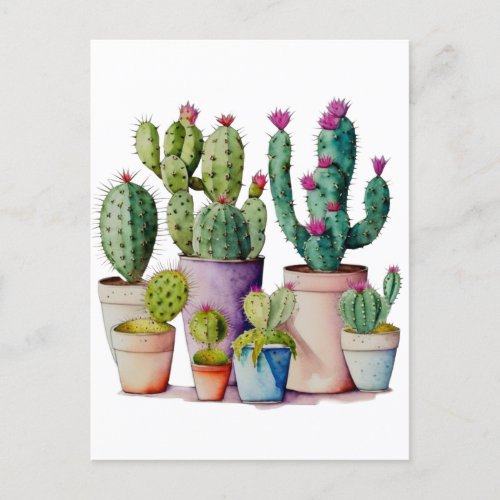 Cute watercolor cacti cactus succulents in pots postcard