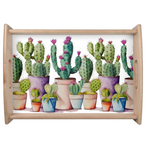 Cute watercolor cacti cactus succulents in pots serving tray