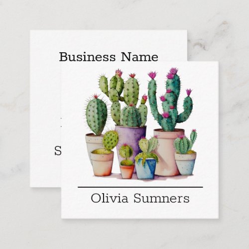 Cute watercolor cacti cactus succulents in pots square business card