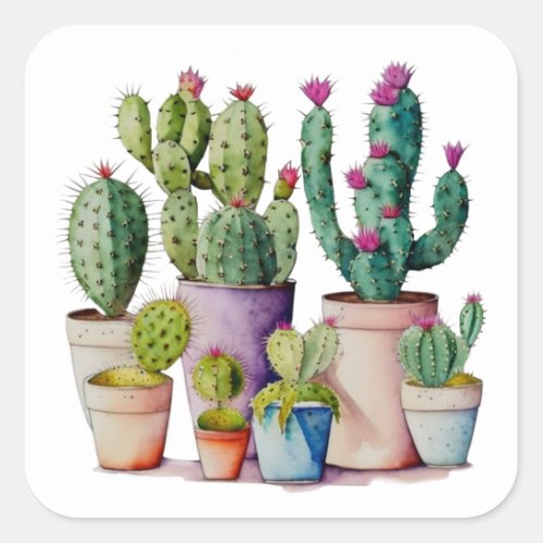 Cute watercolor cacti cactus succulents in pots square sticker