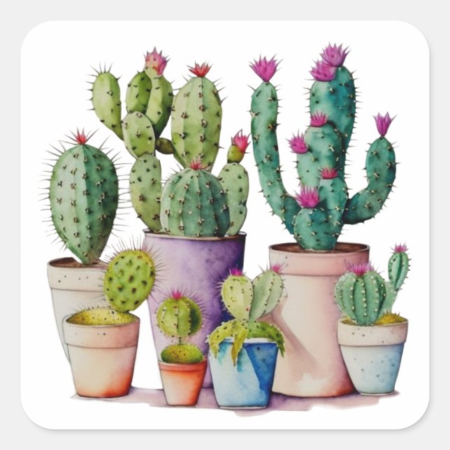 Cute watercolor cacti cactus succulents in pots square sticker (Front)