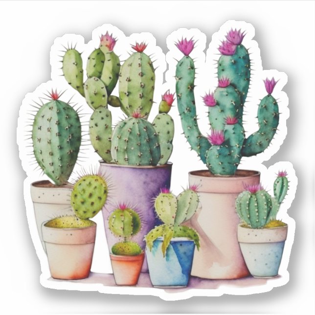 Cute watercolor cacti cactus succulents in pots sticker (Front)