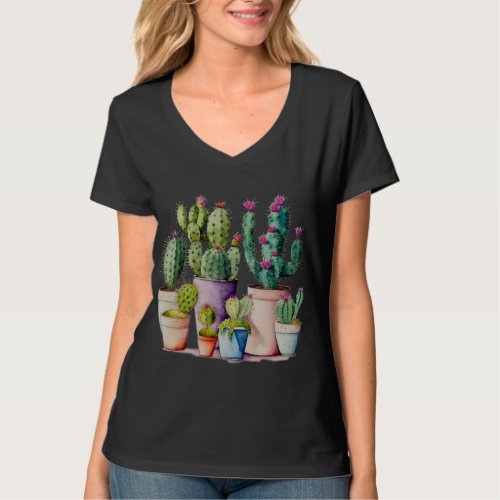 Cute watercolor cacti cactus succulents in pots T_Shirt