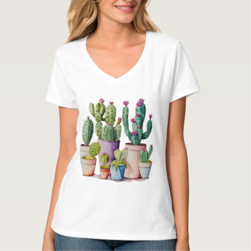 Cute watercolor cacti cactus succulents in pots T_Shirt