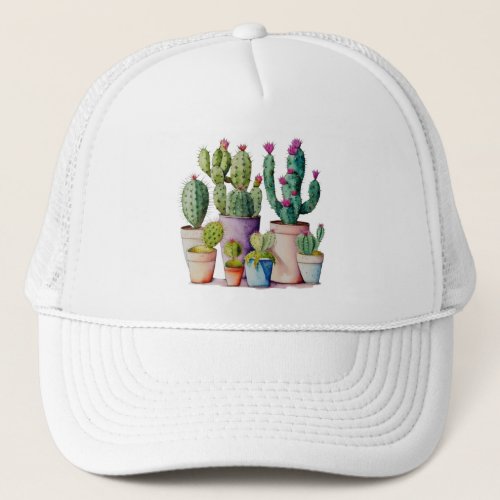 Cute watercolor cacti cactus succulents in pots trucker hat