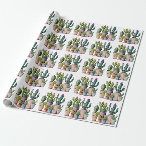 Cute watercolor cacti cactus succulents in pots wrapping paper