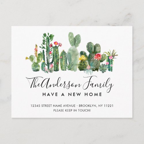 Cute Watercolor Cactus Family Name New Home Moving Announcement Postcard