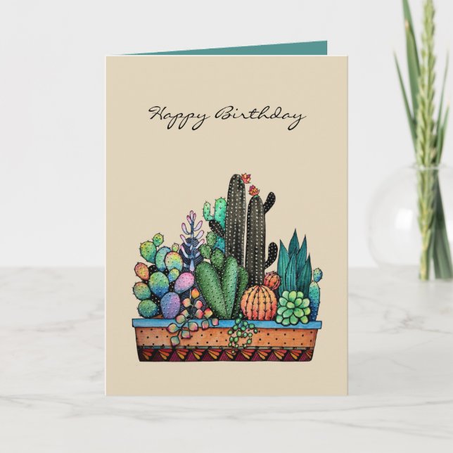 Cute Watercolor Cactus Garden In Beautiful Pot Card (Front)