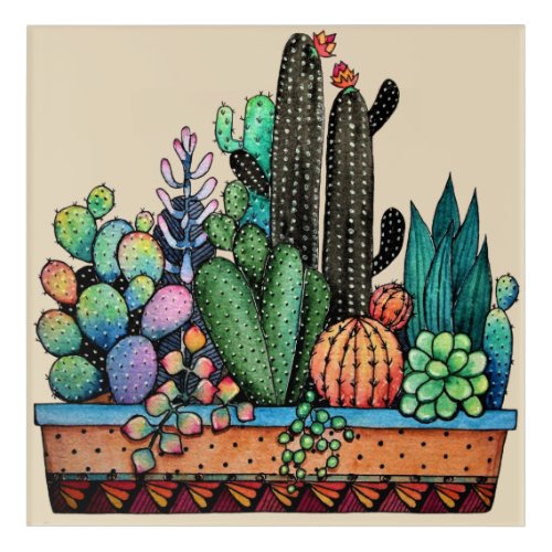 Cute Watercolor Cactus Garden In Pot Acrylic Print