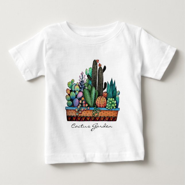 Cute Watercolor Cactus Garden In Pot Baby T-Shirt (Front)