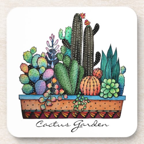 Cute Watercolor Cactus Garden In Pot Beverage Coaster