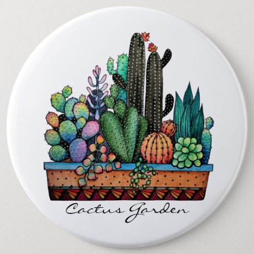 Cute Watercolor Cactus Garden In Pot Button