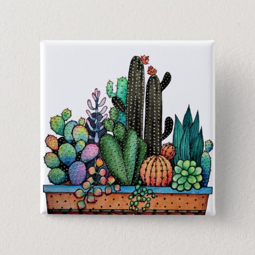 Cute Watercolor Cactus Garden In Pot Button