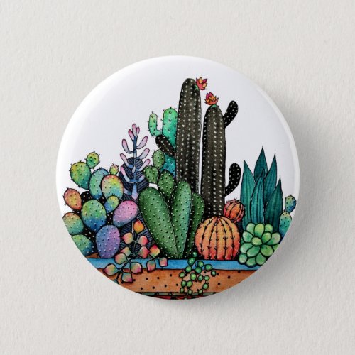 Cute Watercolor Cactus Garden In Pot Button