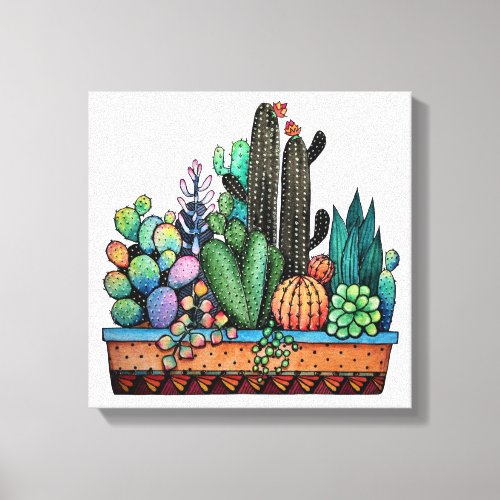 Cute Watercolor Cactus Garden In Pot Canvas Print