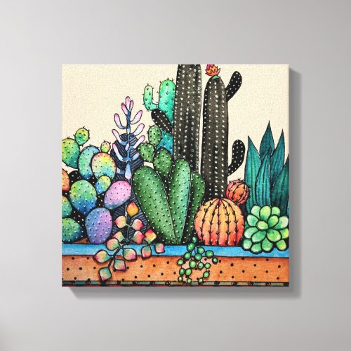 Cute Watercolor Cactus Garden In Pot Canvas Print