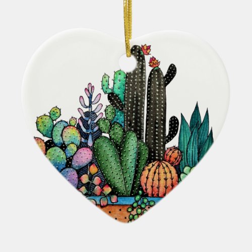 Cute Watercolor Cactus Garden In Pot Ceramic Ornament