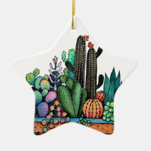 Cute Watercolor Cactus Garden In Pot Ceramic Ornament
