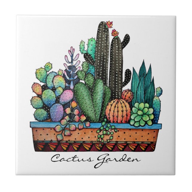 Cute Watercolor Cactus Garden In Pot Ceramic Tile (Front)