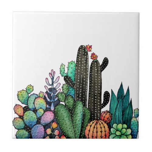 Cute Watercolor Cactus Garden In Pot Ceramic Tile