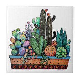 Cute Watercolor Cactus Garden In Pot Ceramic Tile