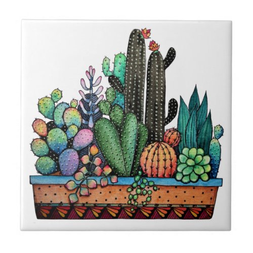 Cute Watercolor Cactus Garden In Pot Ceramic Tile