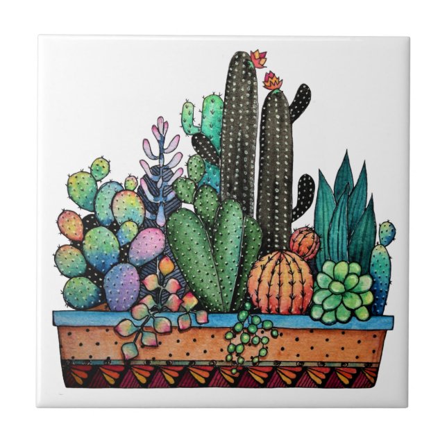 Cute Watercolor Cactus Garden In Pot Ceramic Tile (Front)