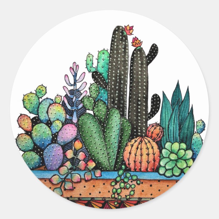Cute Watercolor Cactus Garden In Pot Classic Round Sticker Zazzle Com