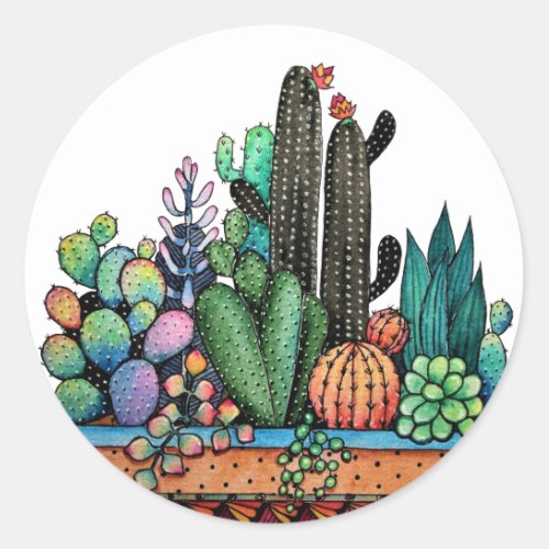 Cute Watercolor Cactus Garden In Pot Classic Round Sticker