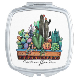 Cute Watercolor Cactus Garden In Pot Compact Mirror