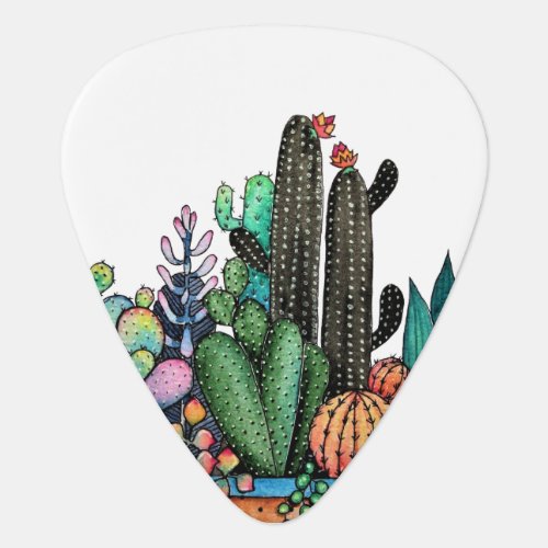 Cute Watercolor Cactus Garden In Pot Guitar Pick