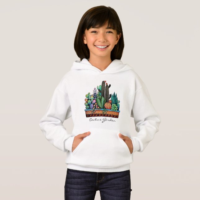 Cute Watercolor Cactus Garden In Pot Hoodie (Front Full)