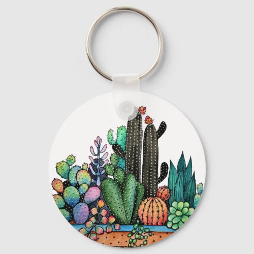 Cute Watercolor Cactus Garden In Pot Keychain