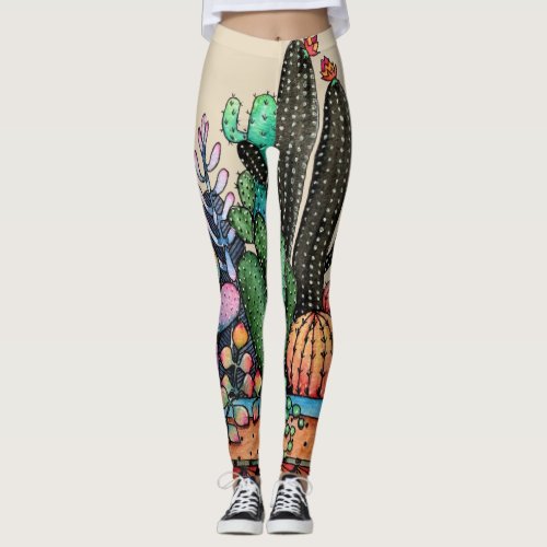 Cute Watercolor Cactus Garden In Pot Leggings