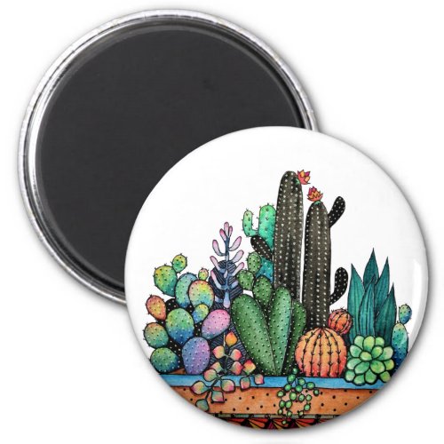 Cute Watercolor Cactus Garden In Pot Magnet